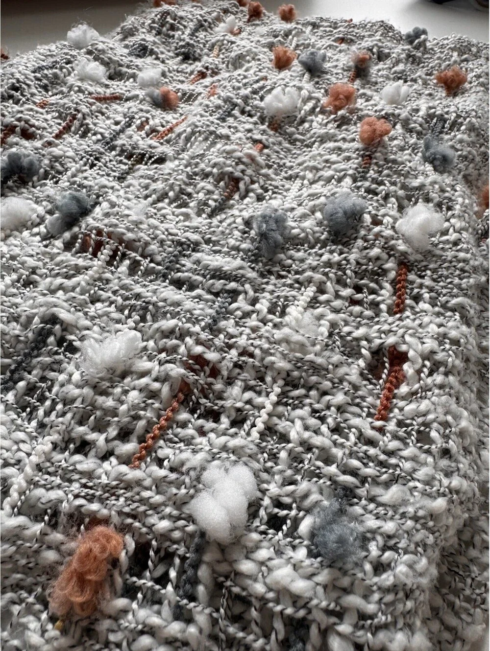 Boho Art Yarn Scarf Textured Gray Rust Fringe Artisan Eclectic Womens Statement